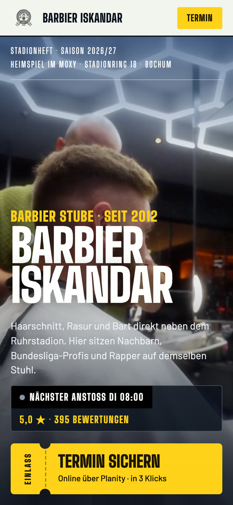 Startseite der Website von Barbier Iskandar mit Video und Termin-Knopf