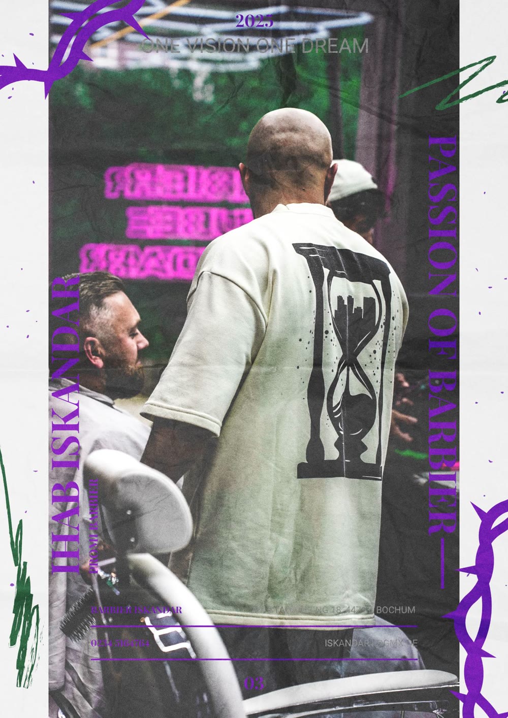 Plakat Passion of Barber in Lila mit Kunde im Barberstuhl