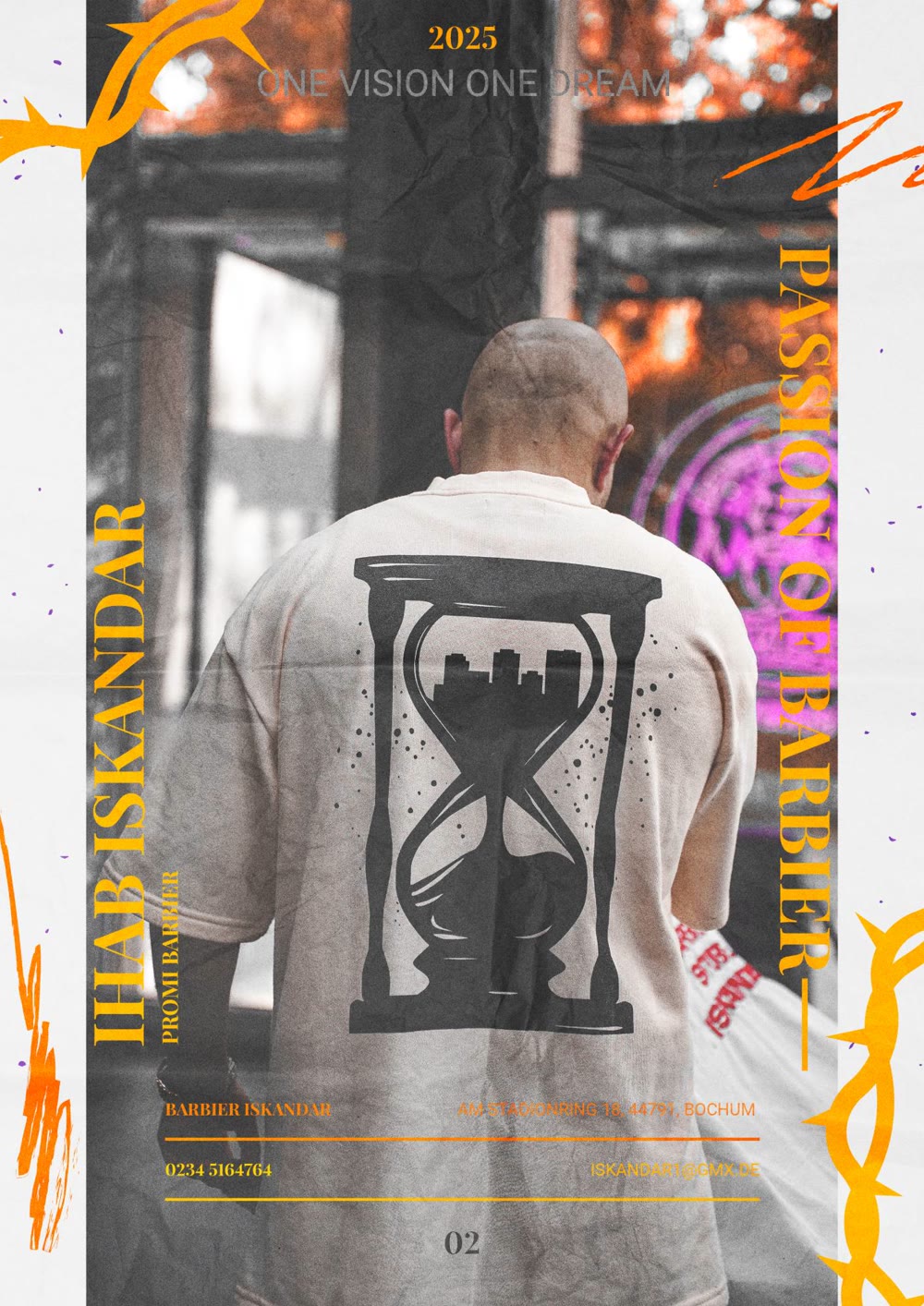 Plakat „Passion of Barber“: Ihab Iskandar von hinten im Sanduhr-Shirt